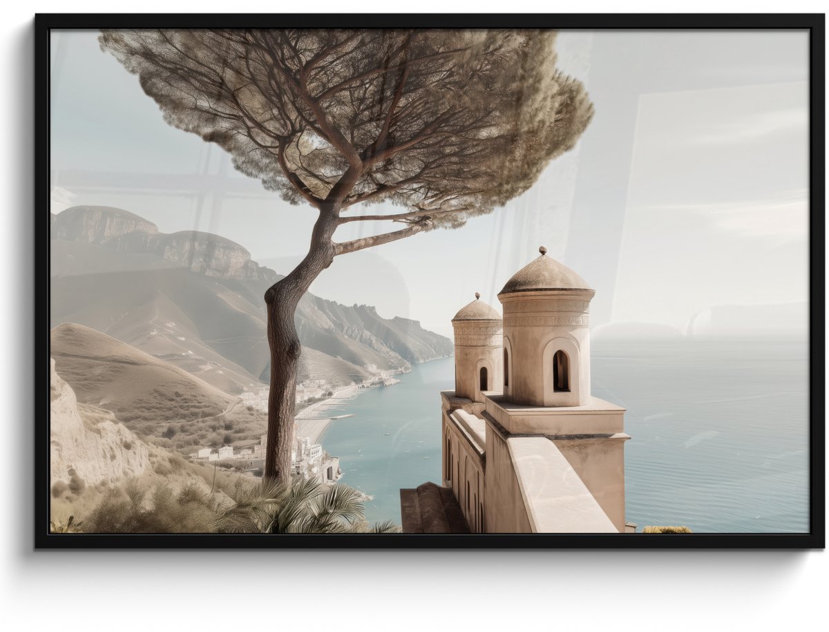 FrameYourWall Poster in lijst - Fotolijst 120x80 cm - Posters - Kust - Klif - Boom - Gebouw - Posterlijst zwart - Decoratie - Wanddecoratie woonkamer - Muurdecoratie slaapkamer Kust - Boom - Gebouw