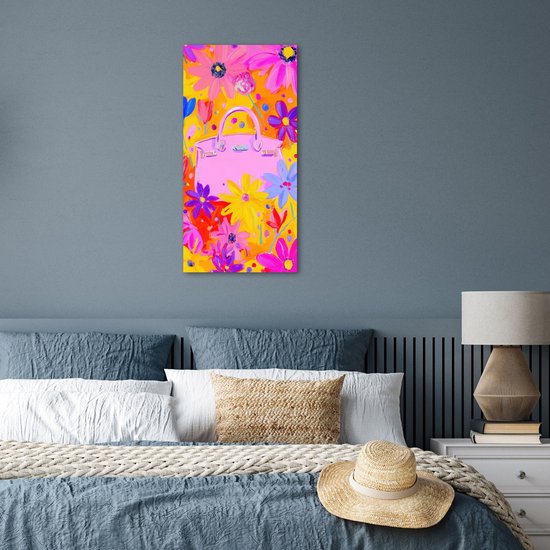 Poster 40x80 cm - Tas - Roze - Bloemen - Posters - Kamer decoratie - Wanddecoratie woonkamer - Muurdecoratie slaapkamer