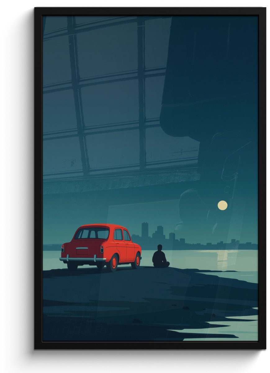 FrameYourWall Poster in lijst - Fotolijst 60x90 cm - Posters - Auto - Volle maan - Uitkijkend over water - Posterlijst zwart - Decoratie - Wanddecoratie woonkamer - Muurdecoratie slaapkamer Water - Maan
