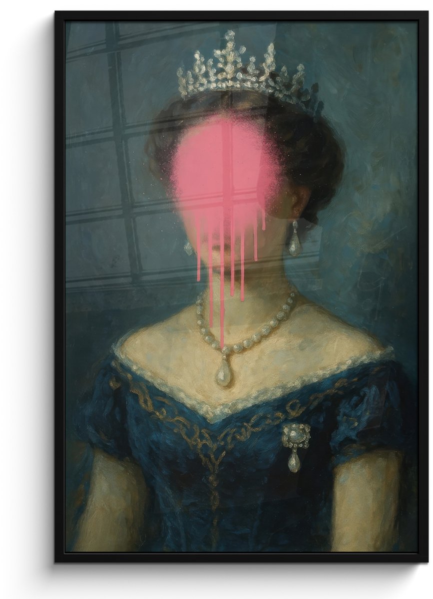 FrameYourWall Poster in lijst - Fotolijst 80x120 cm - Posters - Kroon - Roze druipend verf - Portret - Posterlijst zwart - Decoratie - Wanddecoratie woonkamer - Muurdecoratie slaapkamer Vrouw - Kroon - Verf