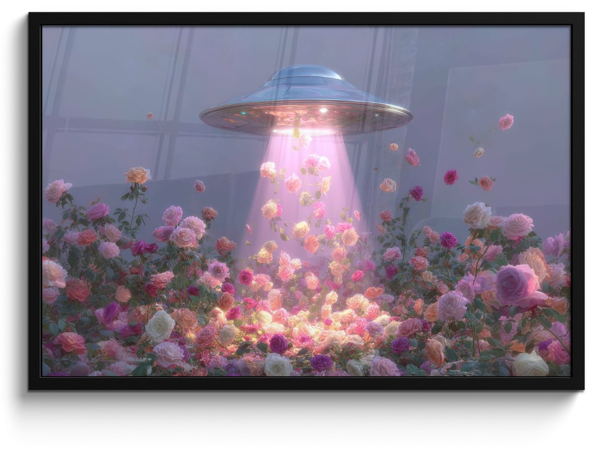 FrameYourWall Poster in lijst - Fotolijst 90x60 cm - Posters - Ufo - Rozen - Pastelkleuren - Posterlijst zwart - Decoratie - Wanddecoratie woonkamer - Muurdecoratie slaapkamer
