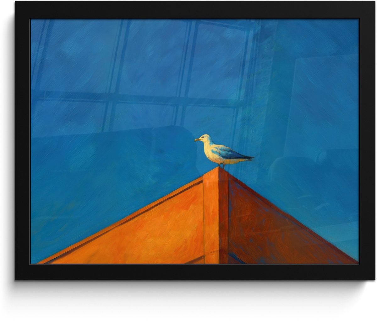 FrameYourWall Poster in lijst - Fotolijst 40x30 cm - Posters - Meeuw - Gebouw - Lucht - Geschilderd - Posterlijst zwart - Decoratie - Wanddecoratie woonkamer - Muurdecoratie slaapkamer