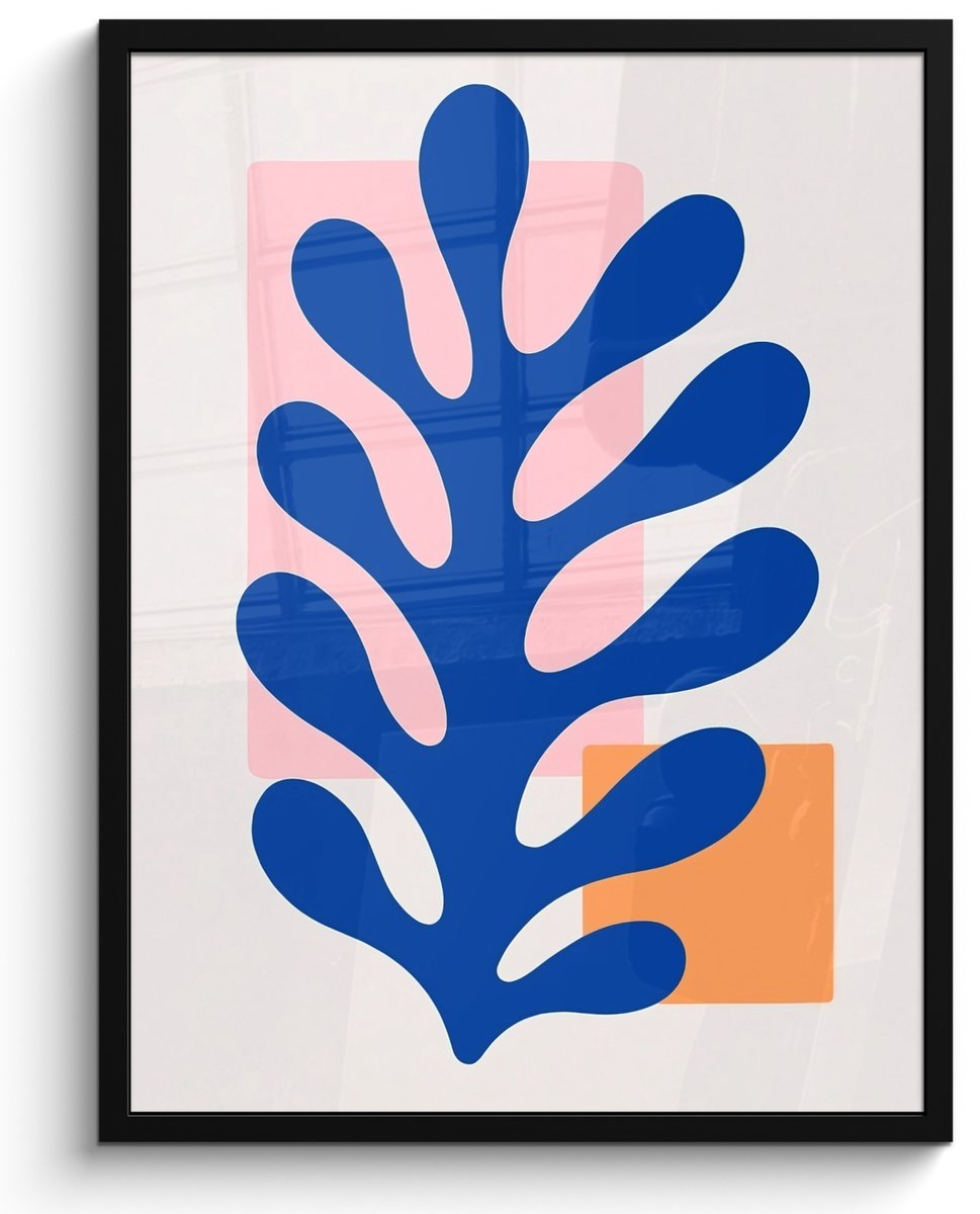 FrameYourWall Poster in lijst - Fotolijst 60x80 cm - Posters - Abstract - Blad - Blauw - Rechthoeken - Posterlijst zwart - Decoratie - Wanddecoratie woonkamer - Muurdecoratie slaapkamer