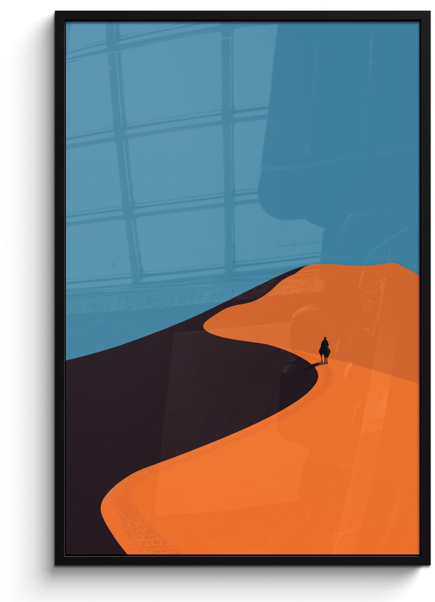 FrameYourWall Poster in lijst - Fotolijst 80x120 cm - Posters - Feloranje duinen - Schaduw - Lege hemel - Posterlijst zwart - Decoratie - Wanddecoratie woonkamer - Muurdecoratie slaapkamer Duinen - Paard