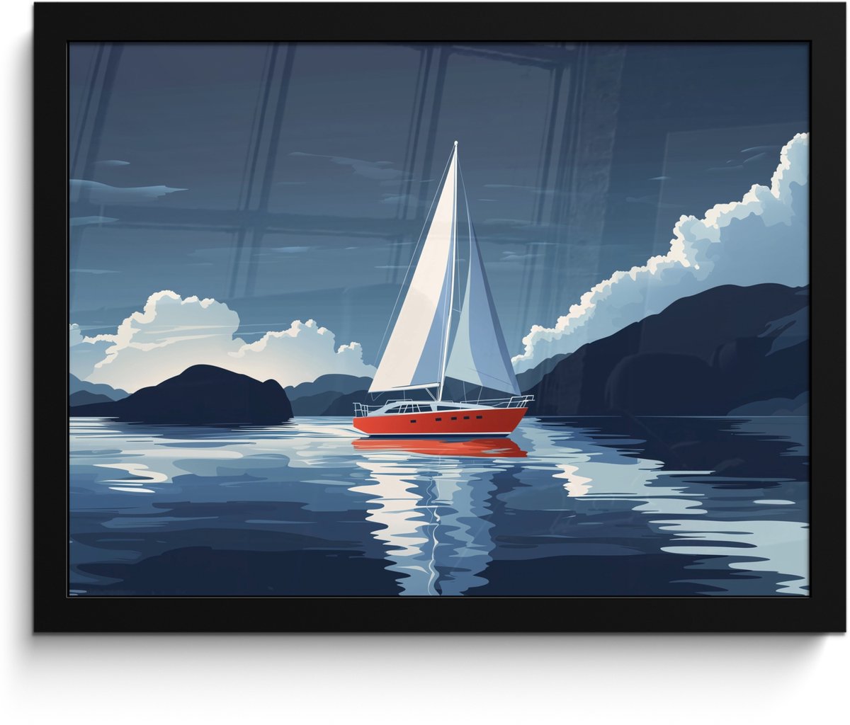 FrameYourWall Poster in lijst - Fotolijst 40x30 cm - Posters - Zeilboot - Donkere bergen - Stilte - Posterlijst zwart - Decoratie - Wanddecoratie woonkamer - Muurdecoratie slaapkamer Zeilboot - Wolken