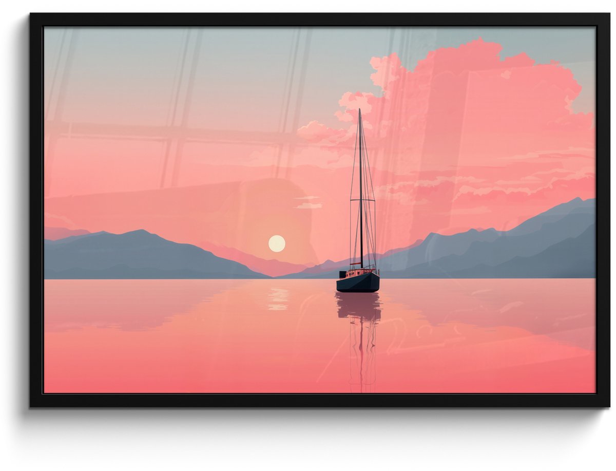 FrameYourWall Poster in lijst - Fotolijst 90x60 cm - Posters - Zeilboot - Roze zee - Zonsondergang - Bergen - Posterlijst zwart - Decoratie - Wanddecoratie woonkamer - Muurdecoratie slaapkamer Zeilboot - Zee - Bergen
