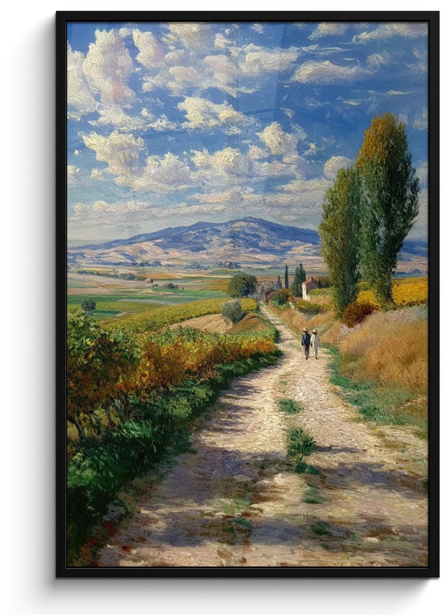 FrameYourWall Poster in lijst - Fotolijst 80x120 cm - Posters - Mensen - Wandelen - Zandpad - Velden - Posterlijst zwart - Decoratie - Wanddecoratie woonkamer - Muurdecoratie slaapkamer Zandpad - Velden - Bergen