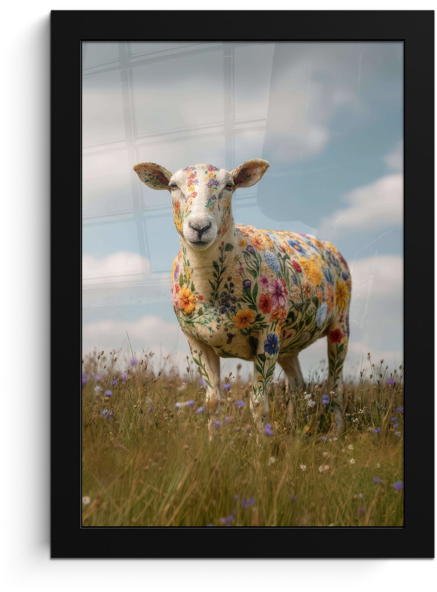 FrameYourWall Poster in lijst - Fotolijst 20x30 cm - Posters - Schaap - Bloemen - Weide - Posterlijst zwart - Decoratie - Wanddecoratie woonkamer - Muurdecoratie slaapkamer