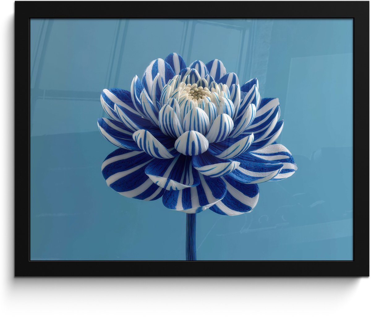 FrameYourWall Poster in lijst - Fotolijst 40x30 cm - Posters - Bloem - Blauw - Bloemblaadjes - Streepjes - Posterlijst zwart - Decoratie - Wanddecoratie woonkamer - Muurdecoratie slaapkamer
