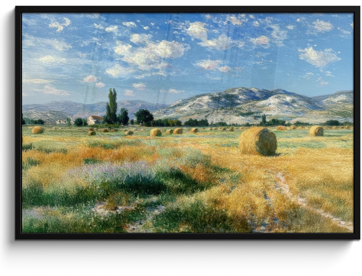 FrameYourWall Poster in lijst - Fotolijst 120x80 cm - Posters - Landschap - Strobalen - Bergen - Wolken - Posterlijst zwart - Decoratie - Wanddecoratie woonkamer - Muurdecoratie slaapkamer