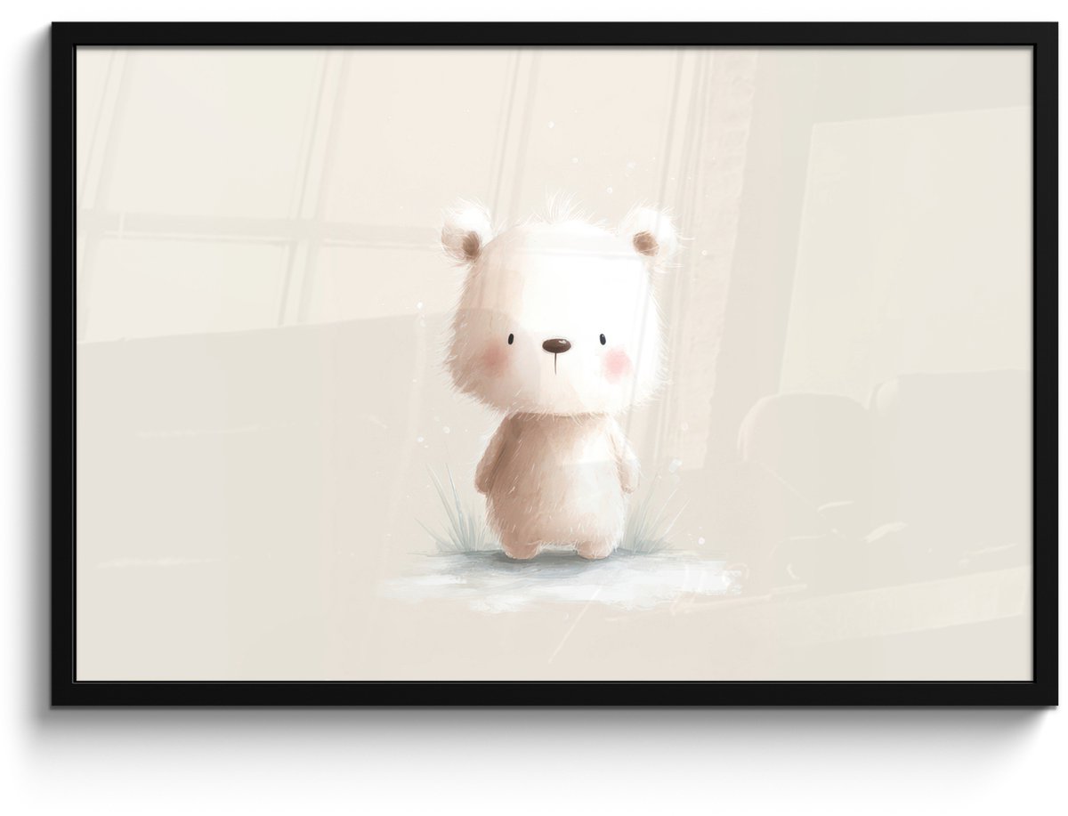 FrameYourWall Poster in lijst - Fotolijst 90x60 cm - Posters - Beertje - Sneeuwvlokje - Wit - Pluizig - Posterlijst zwart - Decoratie - Wanddecoratie woonkamer - Muurdecoratie slaapkamer