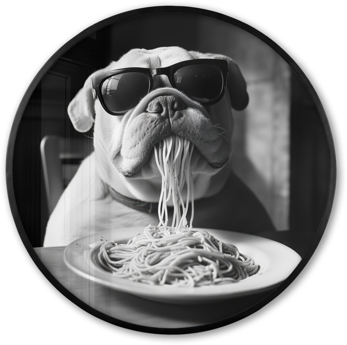 FrameYourWall Poster in lijst Rond - Fotolijst 80x80 cm - Posters - Hond - Bulldog - Pasta - Bril - Stoer - Dieren - Ronde posterlijst zwart - Decoratie - Wanddecoratie woonkamer - Muurdecoratie slaapkamer