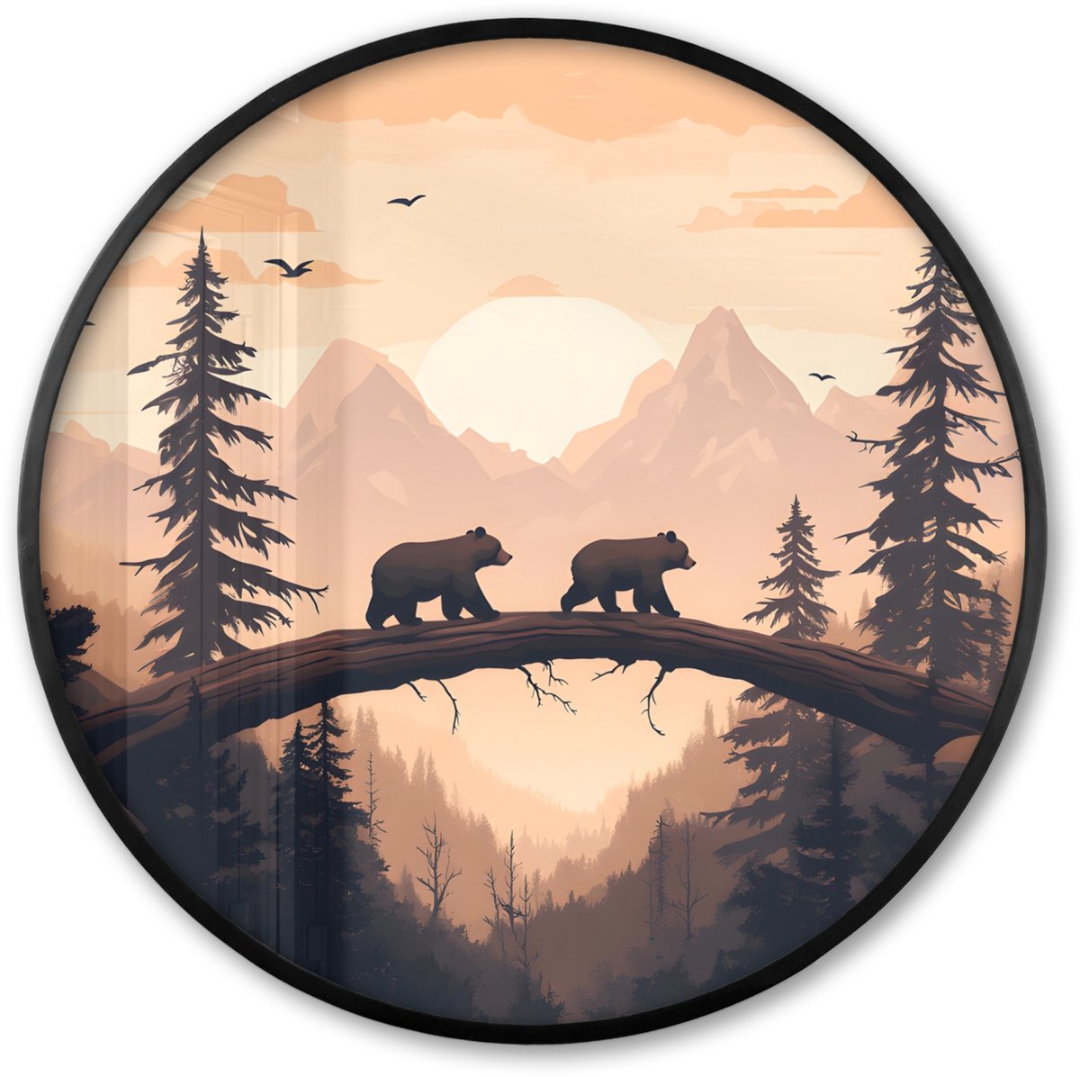 FrameYourWall Poster in lijst Rond - Fotolijst 60x60 cm - Posters - Beren - Bomen - Landschap - Zonsondergang - Ronde posterlijst zwart - Decoratie - Wanddecoratie woonkamer - Muurdecoratie slaapkamer Beren - Landschap