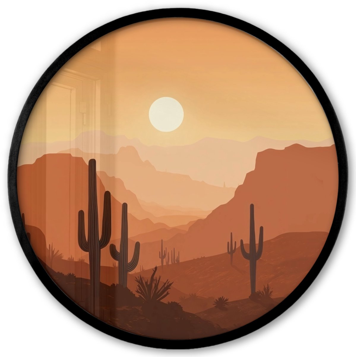 FrameYourWall Poster in lijst Rond - Fotolijst 40x40 cm - Posters - Landschap - Woestijn - Cactussen - Zon - Ronde posterlijst zwart - Decoratie - Wanddecoratie woonkamer - Muurdecoratie slaapkamer