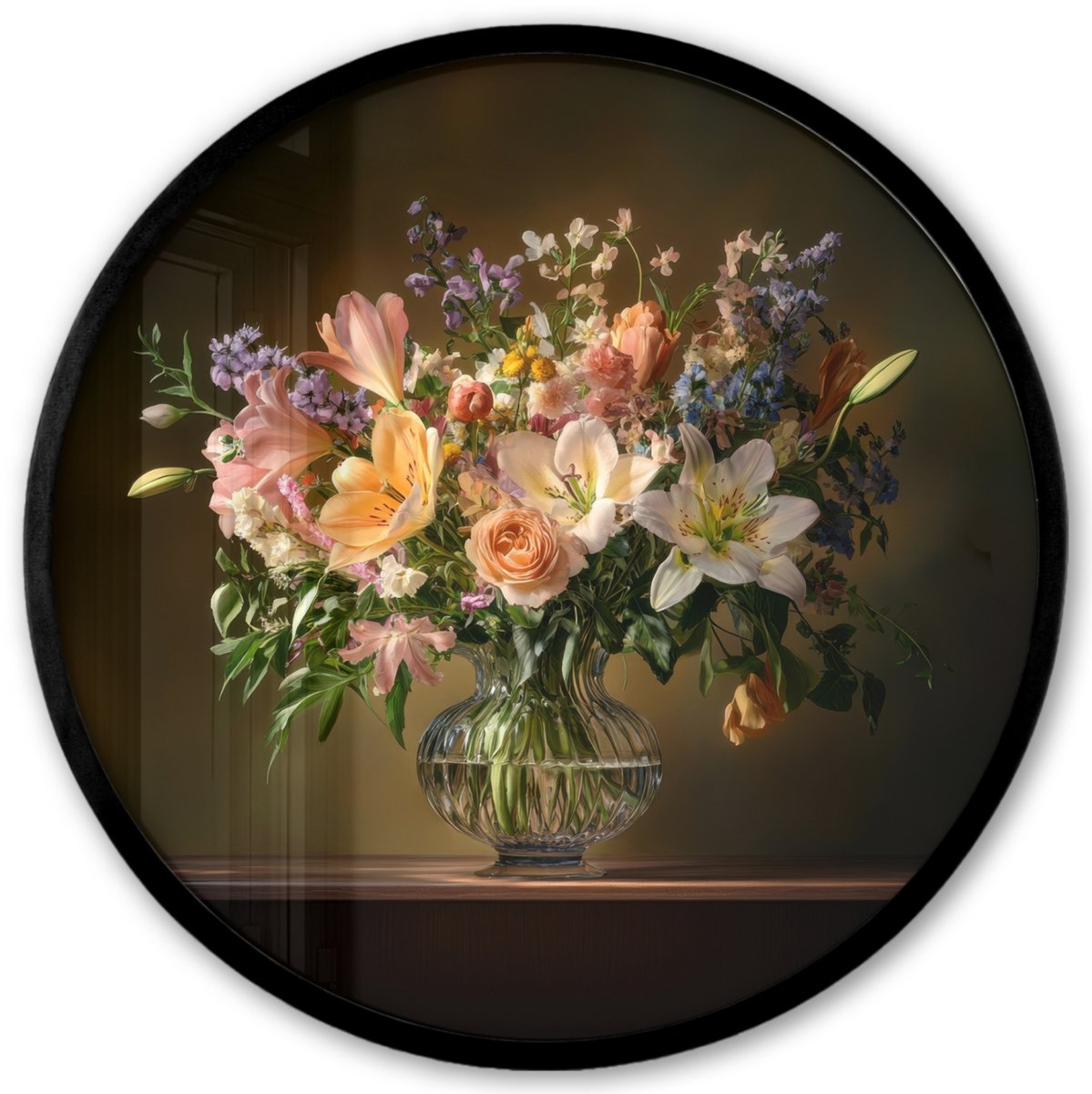 FrameYourWall Poster in lijst Rond - Fotolijst 40x40 cm - Posters - Glazen - Bloemen - Boeket - Kleuren - Ronde posterlijst zwart - Decoratie - Wanddecoratie woonkamer - Muurdecoratie slaapkamer Bloemen - Pastel