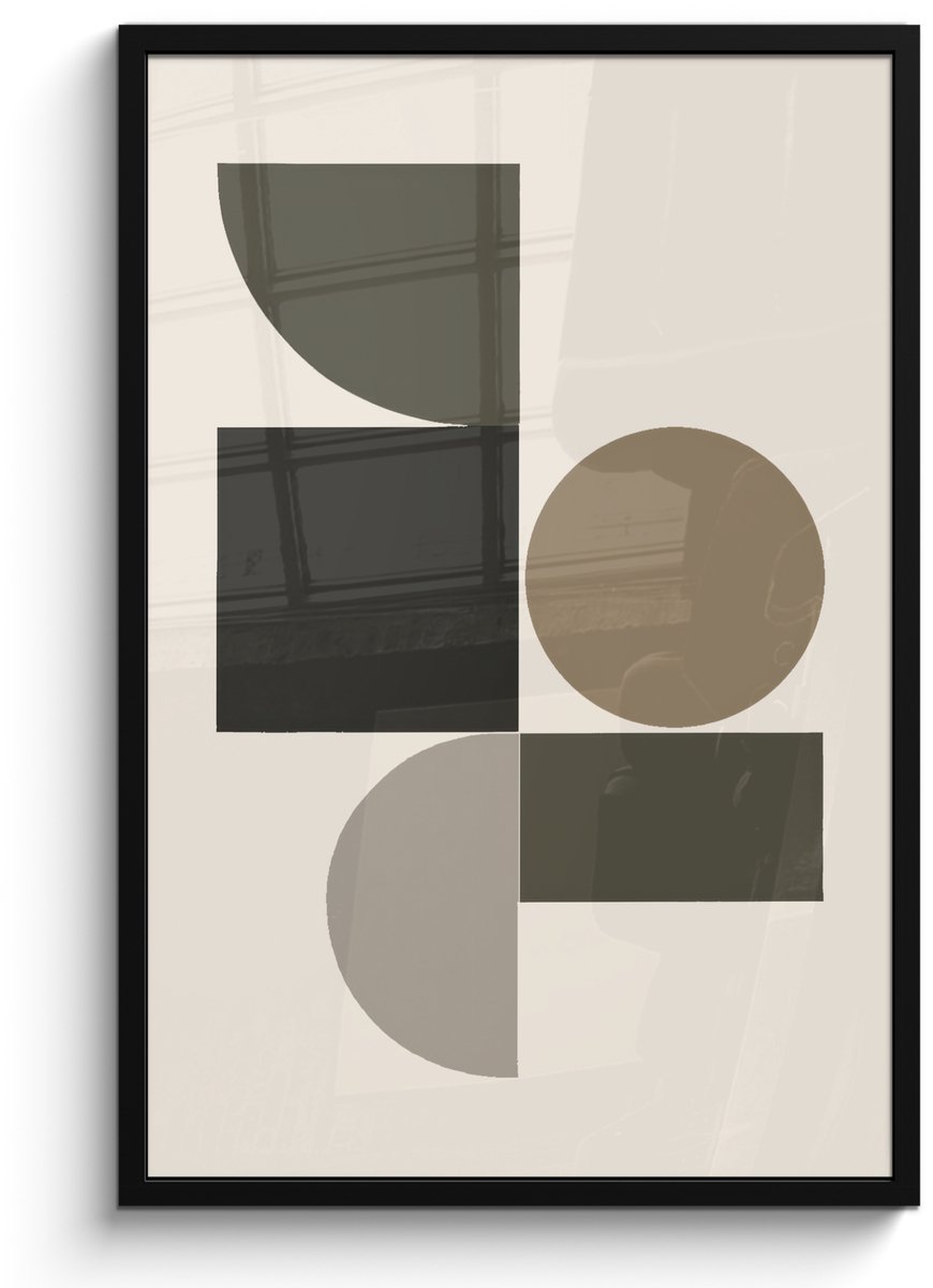 FrameYourWall Poster in lijst - Fotolijst 60x90 cm - Posters - Aardetinten - Abstracte compositie - Eenvoudige vormen - Posterlijst zwart - Decoratie - Wanddecoratie woonkamer - Muurdecoratie slaapkamer Aardetinten - Vormen