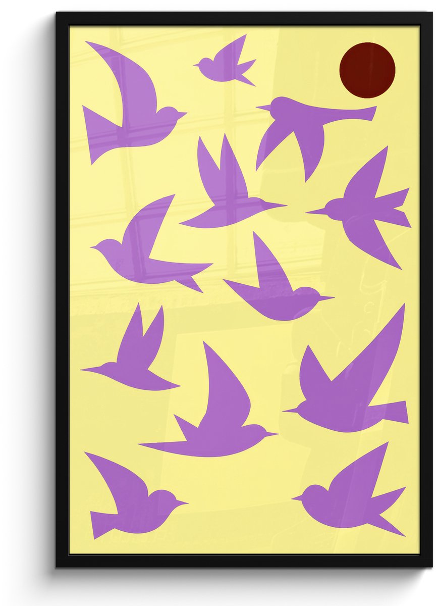 FrameYourWall Poster in lijst - Fotolijst 60x90 cm - Posters - Vogels - Cirkel - Geel - Beweging - Posterlijst zwart - Decoratie - Wanddecoratie woonkamer - Muurdecoratie slaapkamer