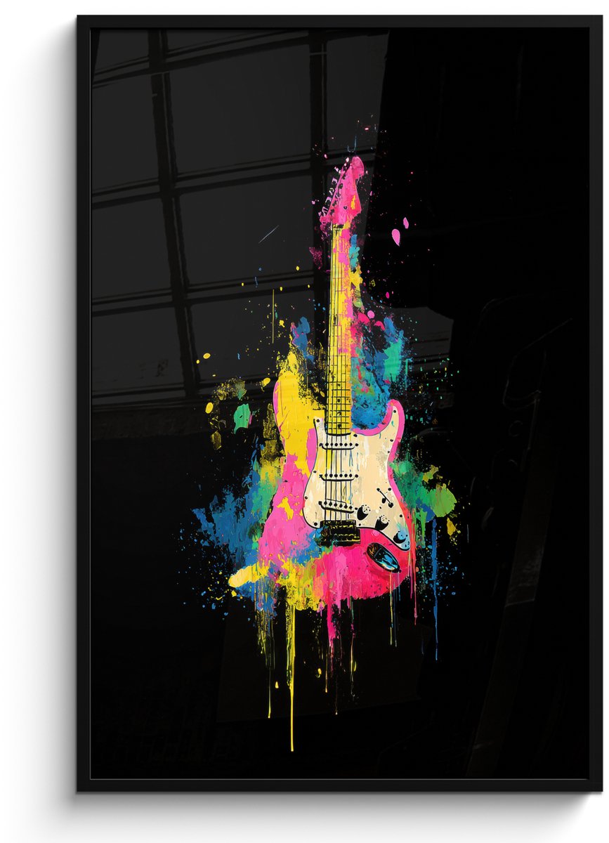 FrameYourWall Poster in lijst - Fotolijst 80x120 cm - Posters - Gitaar - Kleurrijk - Verf - Posterlijst zwart - Decoratie - Wanddecoratie woonkamer - Muurdecoratie slaapkamer