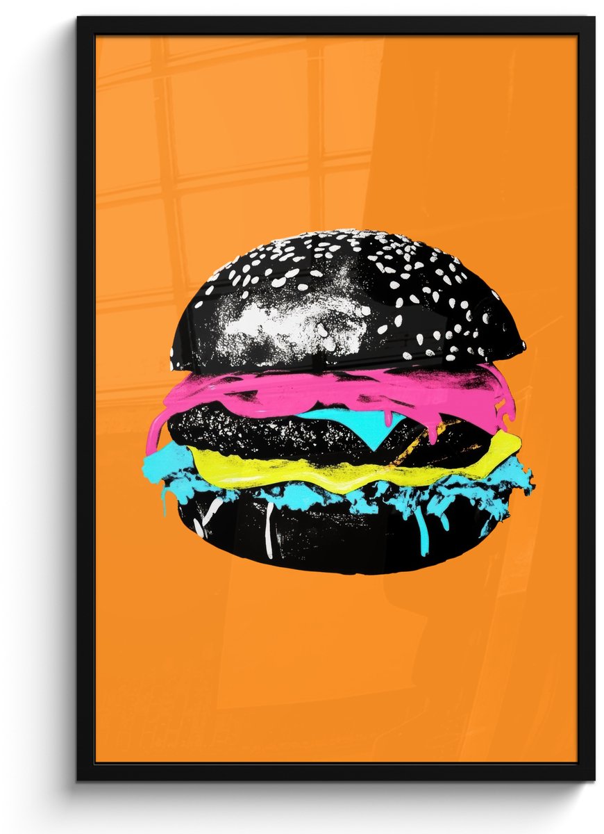 FrameYourWall Poster in lijst - Fotolijst 60x90 cm - Posters - Hamburger - Oranje - Neon - popart - Posterlijst zwart - Decoratie - Wanddecoratie woonkamer - Muurdecoratie slaapkamer Hamburger - popart