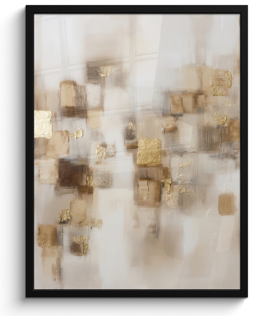 FrameYourWall Poster in lijst - Fotolijst 60x80 cm - Posters - Abstracte vierkanten - Aardetonen - Mistig - Posterlijst zwart - Decoratie - Wanddecoratie woonkamer - Muurdecoratie slaapkamer Aardetonen - Mistig - Abstract