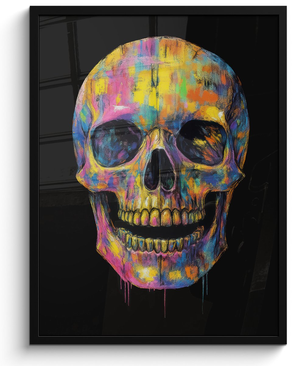 FrameYourWall Poster in lijst - Fotolijst 60x80 cm - Posters - Penseelstreken - Schedel - Kleurrijk - Abstract - Posterlijst zwart - Decoratie - Wanddecoratie woonkamer - Muurdecoratie slaapkamer Schedel - Penseelstreken