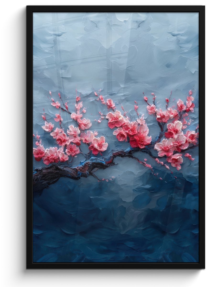 FrameYourWall Poster in lijst - Fotolijst 60x90 cm - Posters - Bloesem - Bloem - Roze - Tak - Posterlijst zwart - Decoratie - Wanddecoratie woonkamer - Muurdecoratie slaapkamer Bloesem - Tak