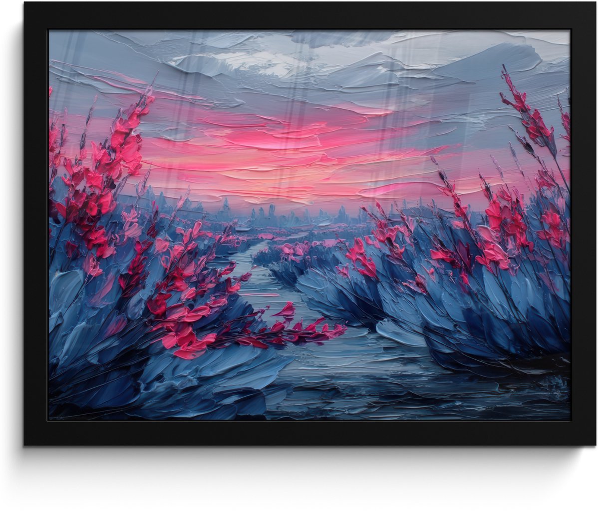 FrameYourWall Poster in lijst - Fotolijst 40x30 cm - Posters - Schilderij - Zonsondergang - Bloemen - Rivier - Posterlijst zwart - Decoratie - Wanddecoratie woonkamer - Muurdecoratie slaapkamer