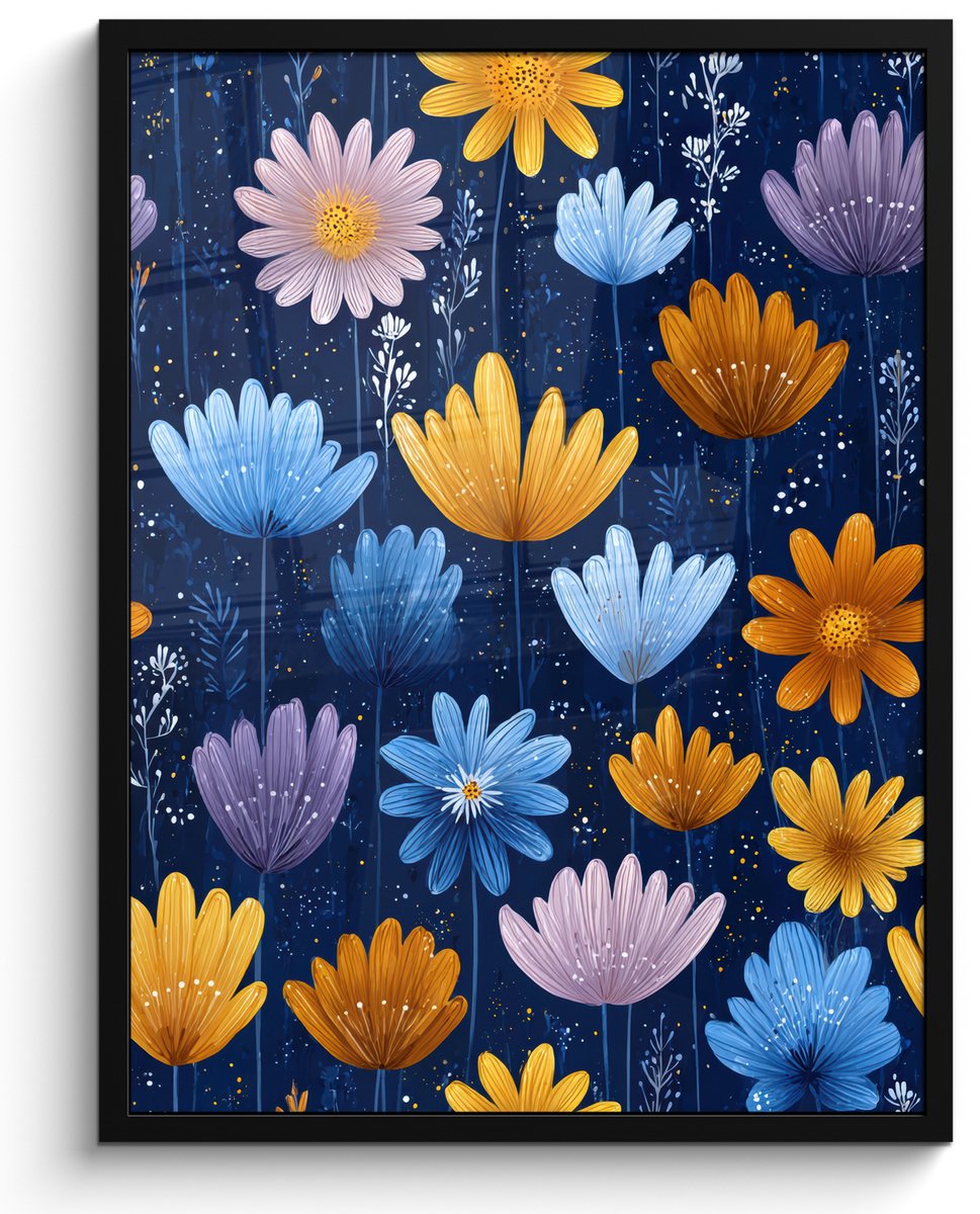 FrameYourWall Poster in lijst - Fotolijst 60x80 cm - Posters - Bloemen - Patroon - Blauw - Contrast - Posterlijst zwart - Decoratie - Wanddecoratie woonkamer - Muurdecoratie slaapkamer Bloemen - Patroon - Contrast