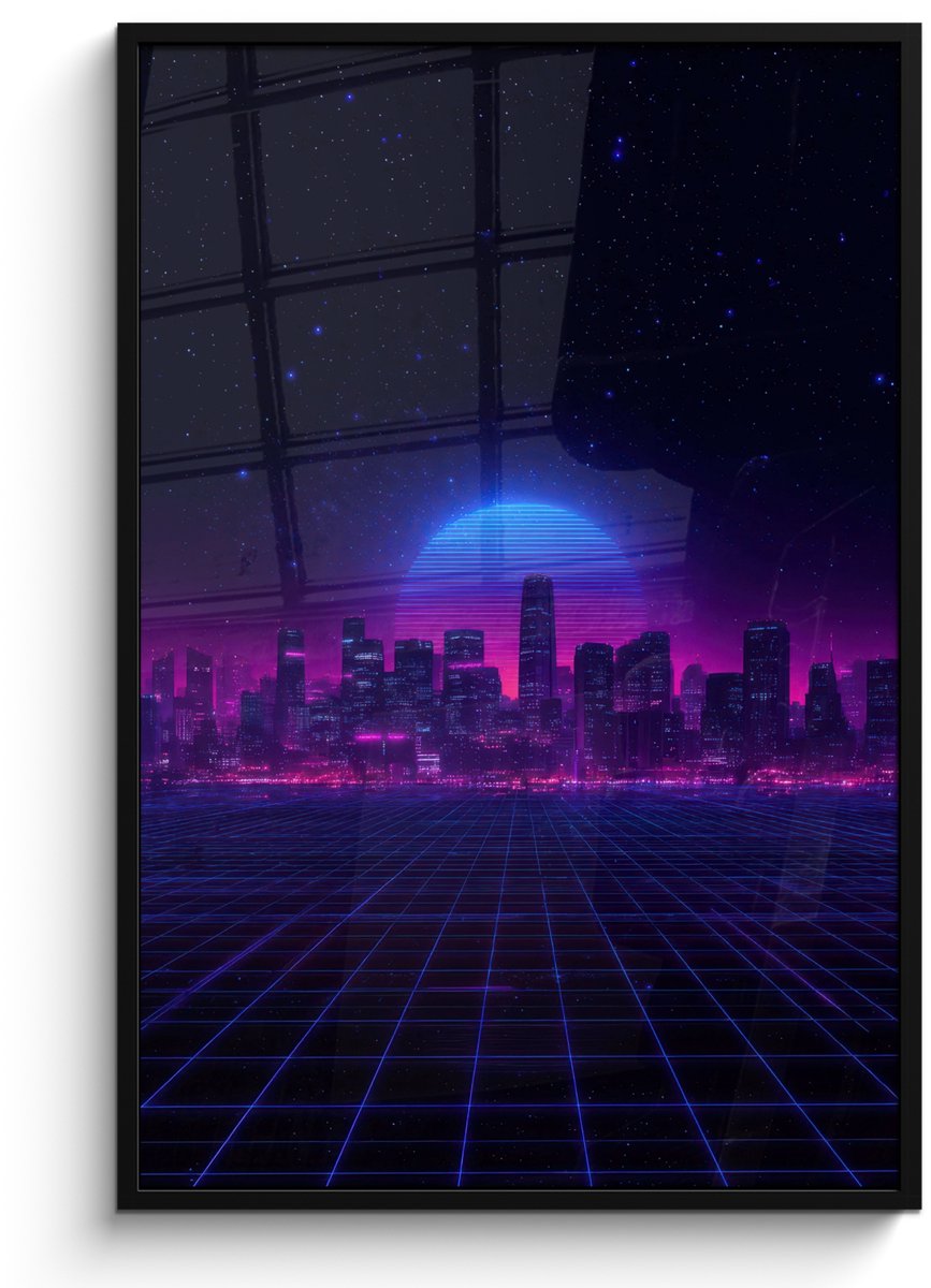 FrameYourWall Poster in lijst - Fotolijst 80x120 cm - Posters - Skyline - Zon - Neon - Rasterpatroon - Posterlijst zwart - Decoratie - Wanddecoratie woonkamer - Muurdecoratie slaapkamer Stad - Sterrenhemel - Neon