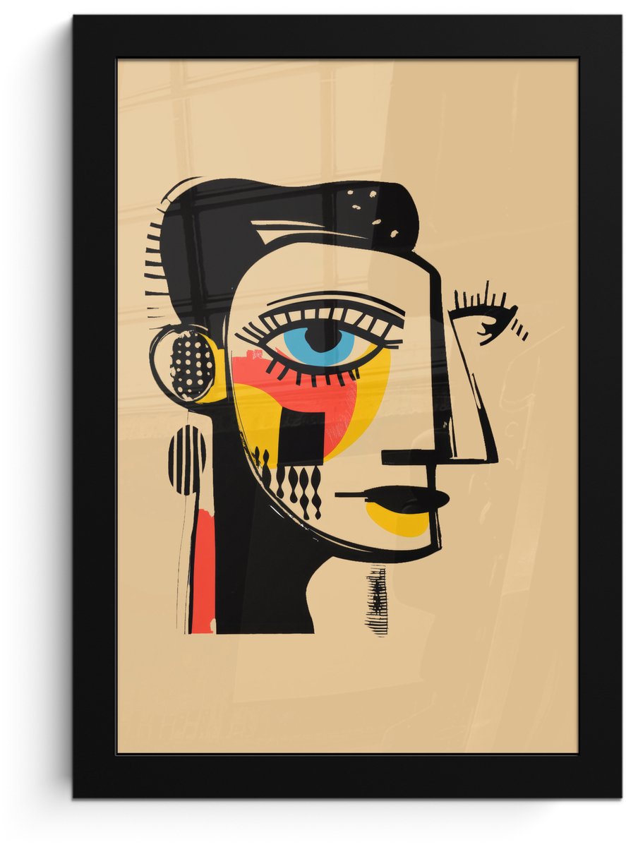 FrameYourWall Poster in lijst - Fotolijst 20x30 cm - Posters - Geometrisch - Felle kleuren - Kubistische stijl - Posterlijst zwart - Decoratie - Wanddecoratie woonkamer - Muurdecoratie slaapkamer Gezicht - Kunst