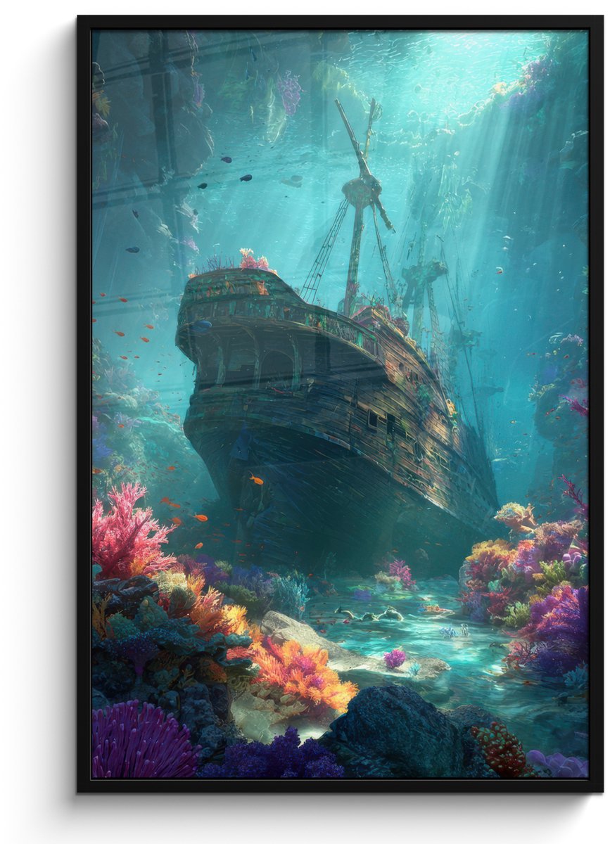 FrameYourWall Poster in lijst - Fotolijst 80x120 cm - Posters - Schip - Hout - Koraalriffen - Zonlicht - Posterlijst zwart - Decoratie - Wanddecoratie woonkamer - Muurdecoratie slaapkamer