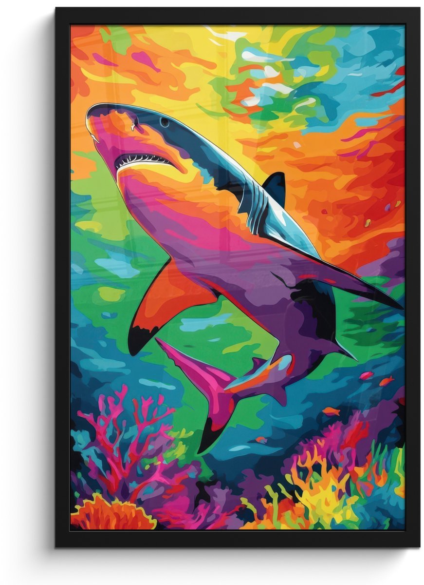 FrameYourWall Poster in lijst - Fotolijst 40x60 cm - Posters - Haai - Koraalrif - Abstract - Kleurrijk - Posterlijst zwart - Decoratie - Wanddecoratie woonkamer - Muurdecoratie slaapkamer Haai - Kleurrijk