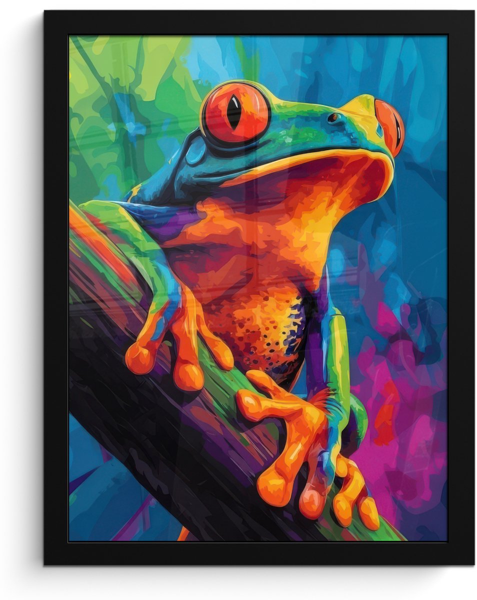FrameYourWall Poster in lijst - Fotolijst 30x40 cm - Posters - Kikker - Felgekleurd - Tak - Regenboog - Posterlijst zwart - Decoratie - Wanddecoratie woonkamer - Muurdecoratie slaapkamer Kikker - Kleurrijk