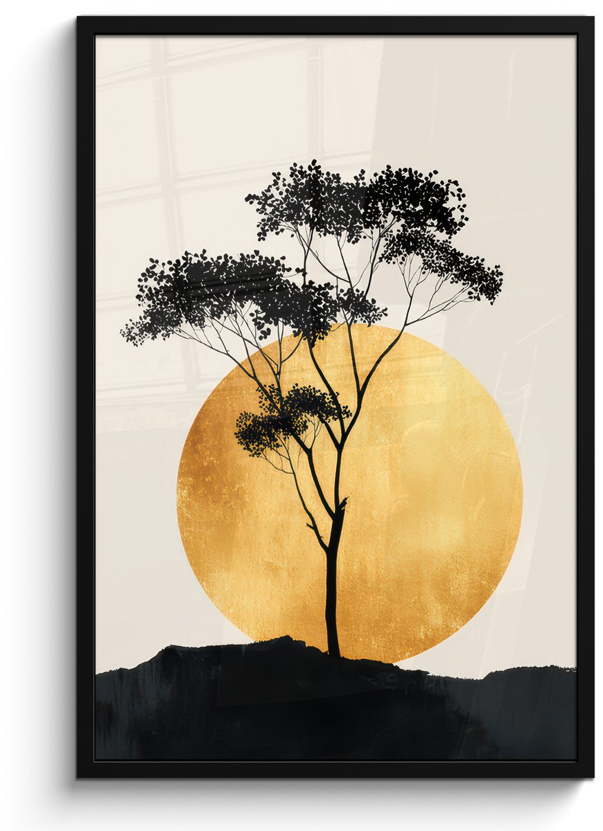 FrameYourWall Poster in lijst - Fotolijst 60x90 cm - Posters - Zwarte boom - Gouden cirkel - Heuvel - Posterlijst zwart - Decoratie - Wanddecoratie woonkamer - Muurdecoratie slaapkamer Boom - Cirkel - Heuvel