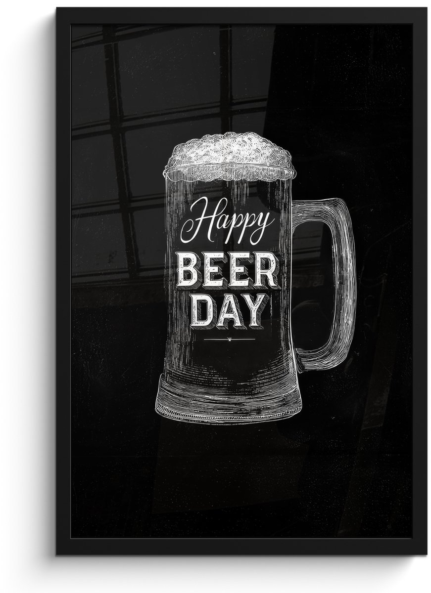 FrameYourWall Poster in lijst - Fotolijst 40x60 cm - Posters - Bierpul - Witte krijtletters - Happy beer day - Posterlijst zwart - Decoratie - Wanddecoratie woonkamer - Muurdecoratie slaapkamer Bierpul - Happy beer day