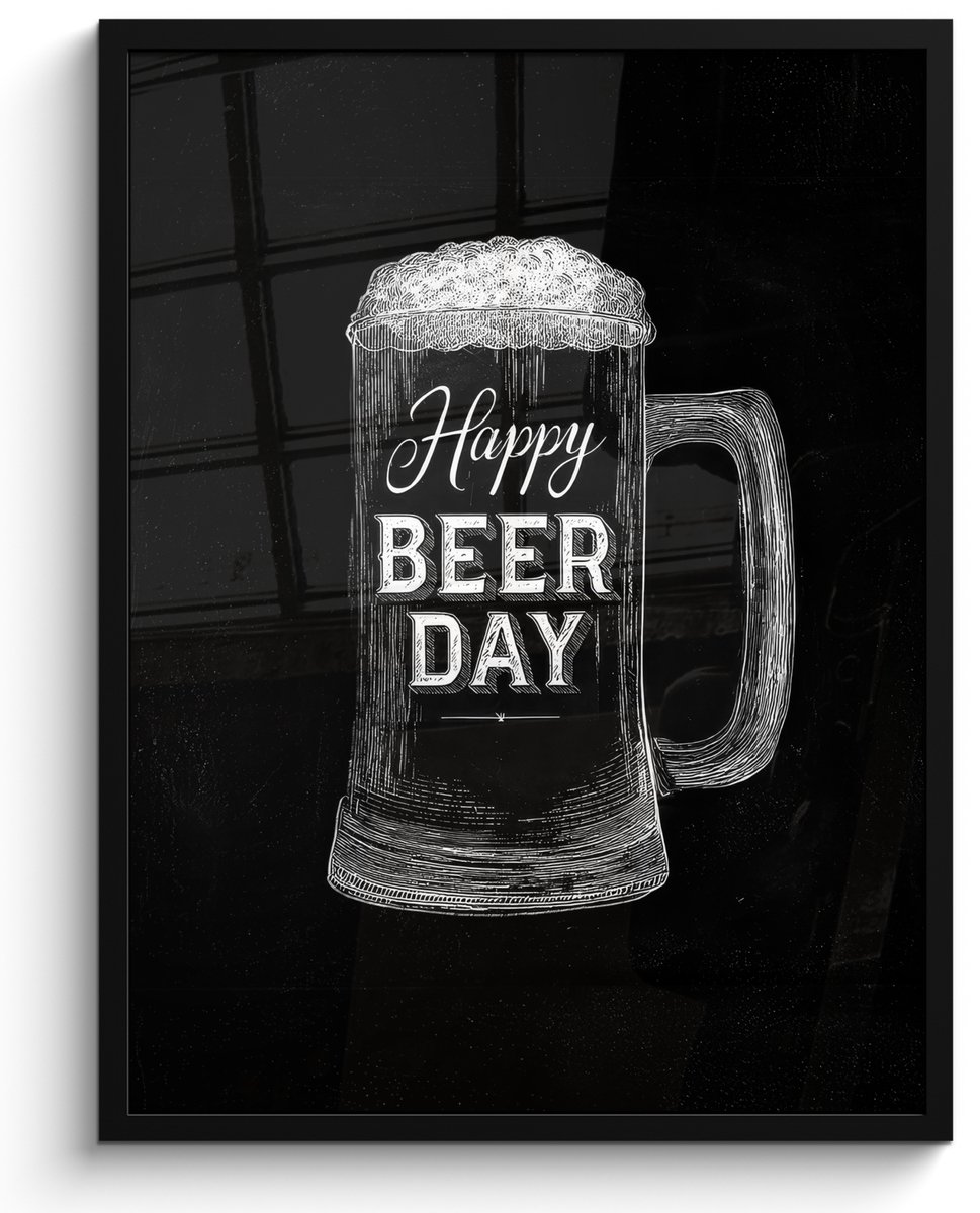 FrameYourWall Poster in lijst - Fotolijst 60x80 cm - Posters - Bierpul - Witte krijtletters - Happy beer day - Posterlijst zwart - Decoratie - Wanddecoratie woonkamer - Muurdecoratie slaapkamer Bierpul - Happy beer day
