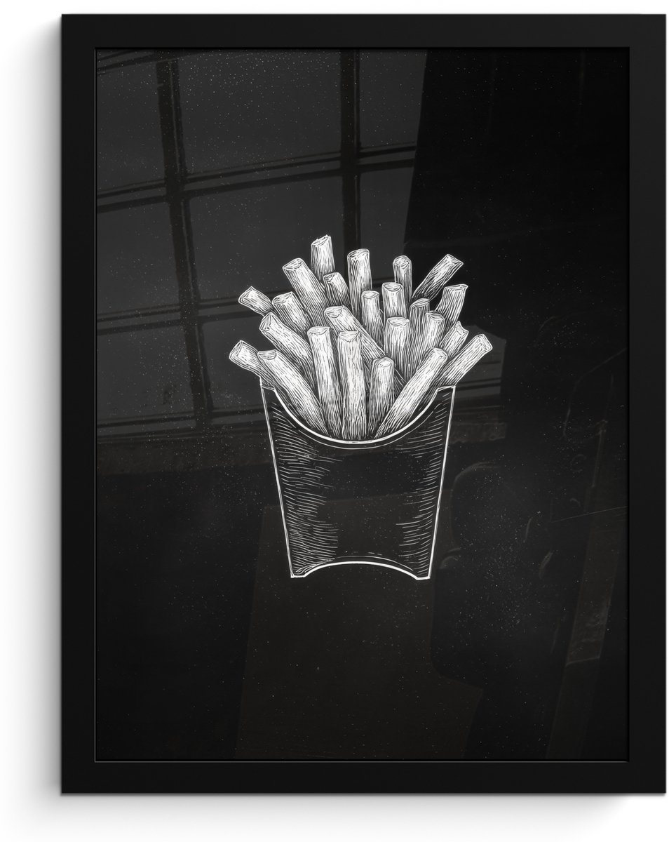 FrameYourWall Poster in lijst - Fotolijst 30x40 cm - Posters - Friet - Witte krijttekening - Zwart - Posterlijst zwart - Decoratie - Wanddecoratie woonkamer - Muurdecoratie slaapkamer