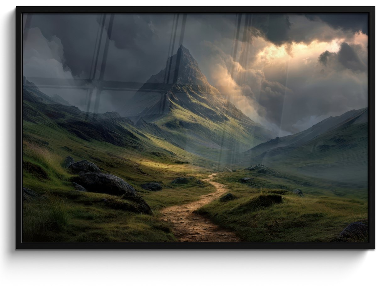 FrameYourWall Poster in lijst - Fotolijst 120x80 cm - Posters - Bergen - Kronkelpad - Groen - Wolken - Posterlijst zwart - Decoratie - Wanddecoratie woonkamer - Muurdecoratie slaapkamer Bergen - Pad - Wolken