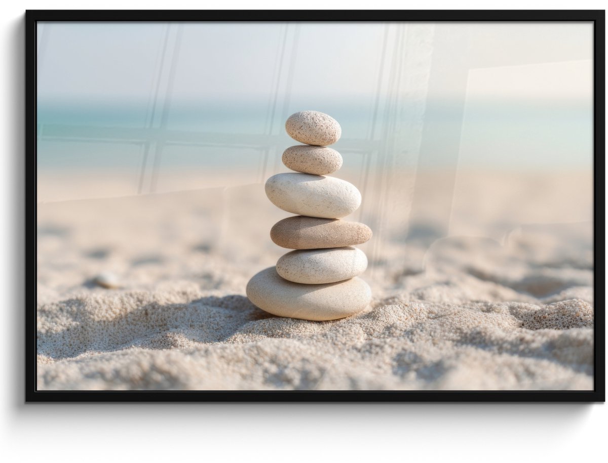 FrameYourWall Poster in lijst - Fotolijst 120x80 cm - Posters - Stenen - Stapel - Zand - Zee - Posterlijst zwart - Decoratie - Wanddecoratie woonkamer - Muurdecoratie slaapkamer