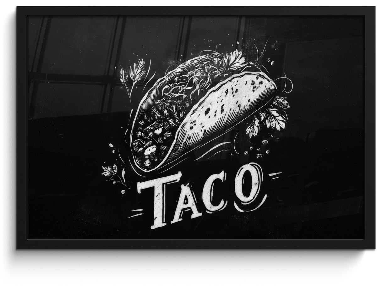 FrameYourWall Poster in lijst - Fotolijst 60x40 cm - Posters - Taco - Kruiden - Witte krijtstijl - Tekst - Posterlijst zwart - Decoratie - Wanddecoratie woonkamer - Muurdecoratie slaapkamer