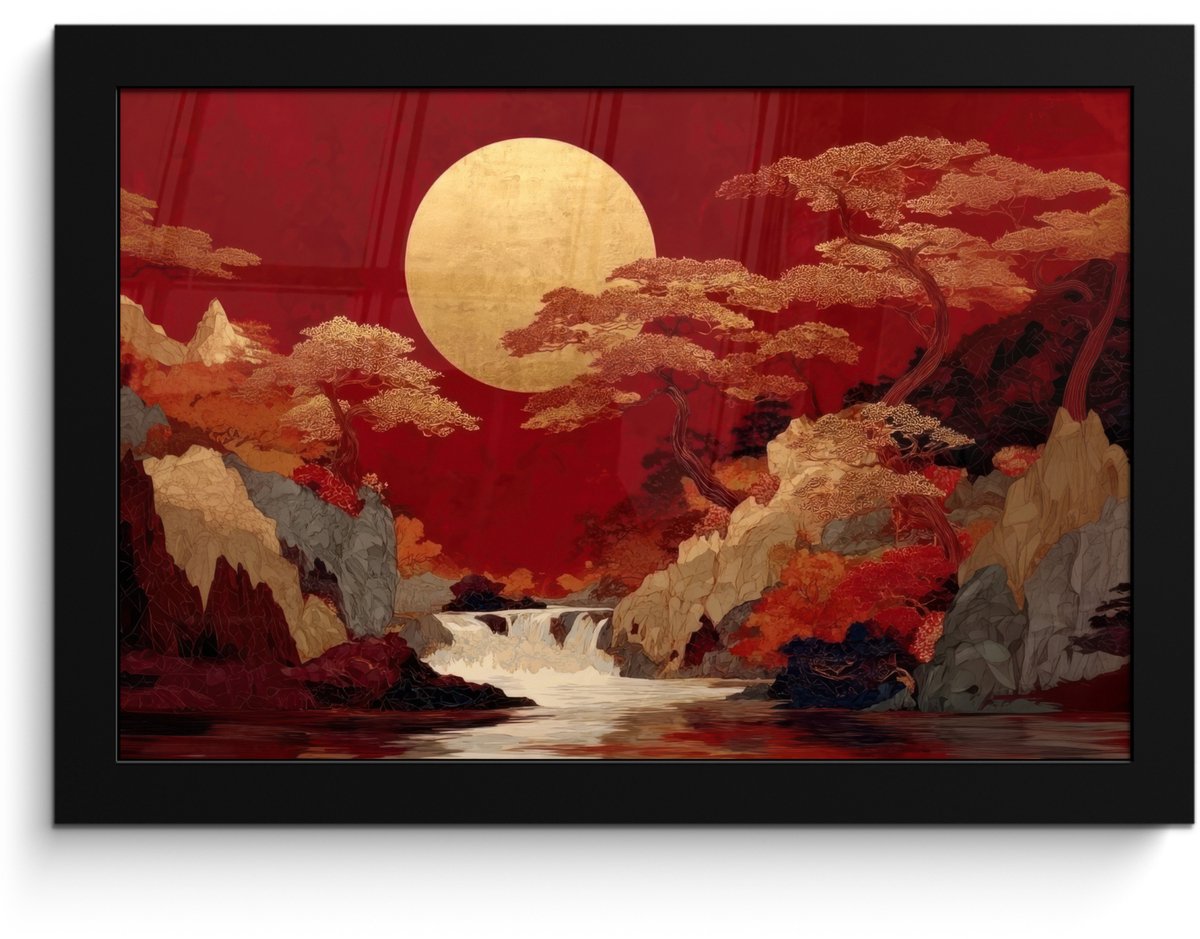 FrameYourWall Poster in lijst - Fotolijst 30x20 cm - Posters - Volle maan - Landschap - Waterval - Posterlijst zwart - Decoratie - Wanddecoratie woonkamer - Muurdecoratie slaapkamer
