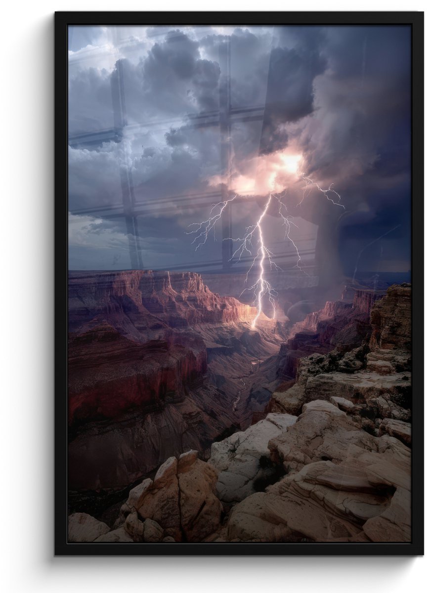 FrameYourWall Poster in lijst - Fotolijst 60x90 cm - Posters - Bliksem - Wolken - Canyon - Posterlijst zwart - Decoratie - Wanddecoratie woonkamer - Muurdecoratie slaapkamer Bliksem - Wolken - Rotsen