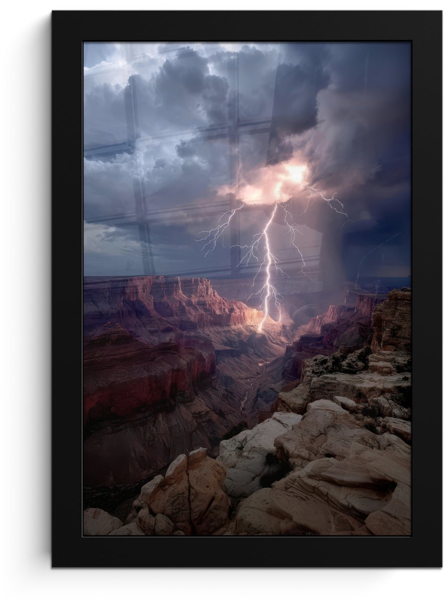 FrameYourWall Poster in lijst - Fotolijst 20x30 cm - Posters - Bliksem - Wolken - Canyon - Posterlijst zwart - Decoratie - Wanddecoratie woonkamer - Muurdecoratie slaapkamer Bliksem - Wolken - Rotsen