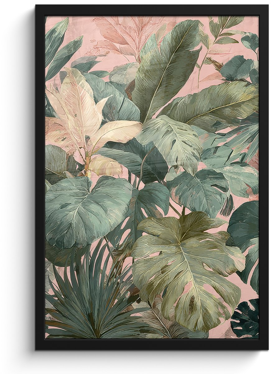 FrameYourWall Poster in lijst - Fotolijst 40x60 cm - Posters - Compositie van bladeren - Groen - Roze - Posterlijst zwart - Decoratie - Wanddecoratie woonkamer - Muurdecoratie slaapkamer Bladeren - Compositie