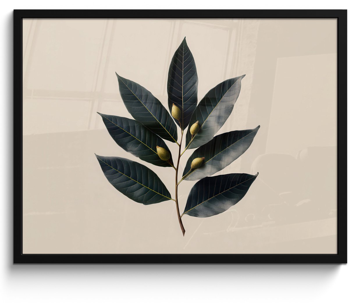 FrameYourWall Poster in lijst - Fotolijst 80x60 cm - Posters - Laurierbladeren - Bloemknoppen - subtiel - Posterlijst zwart - Decoratie - Wanddecoratie woonkamer - Muurdecoratie slaapkamer