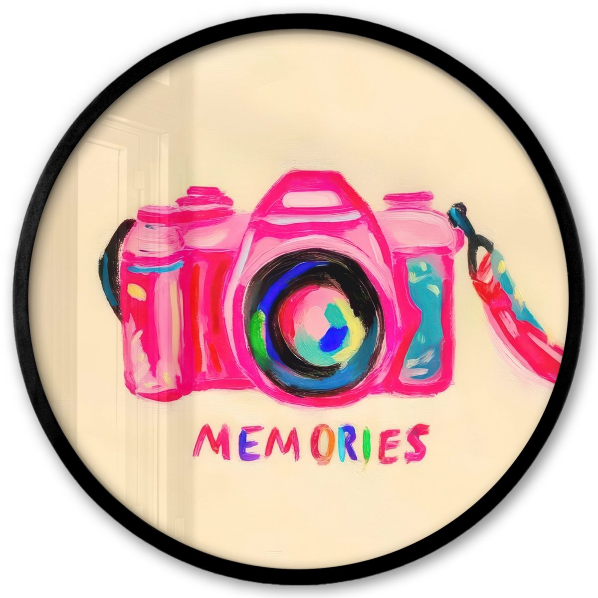 FrameYourWall Poster in lijst Rond - Fotolijst 40x40 cm - Posters - Camera - Memories - Roze - Geschilderd - Ronde posterlijst zwart - Decoratie - Wanddecoratie woonkamer - Muurdecoratie slaapkamer