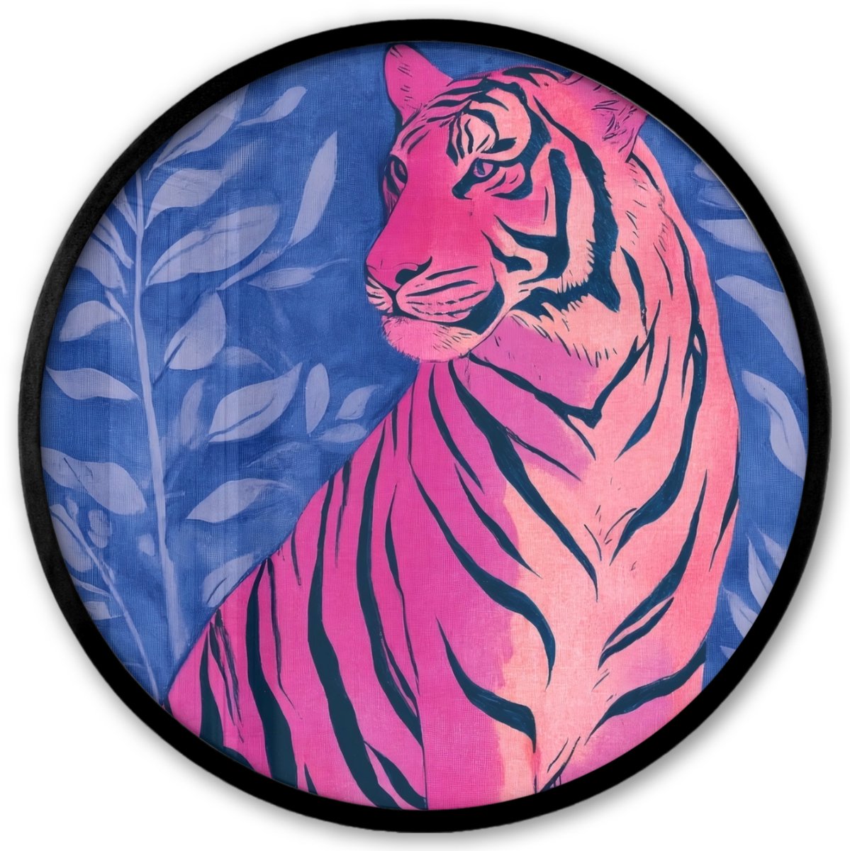 FrameYourWall Poster in lijst Rond - Fotolijst 40x40 cm - Posters - Tijger - Roze - Bladeren - Jungle - Ronde posterlijst zwart - Decoratie - Wanddecoratie woonkamer - Muurdecoratie slaapkamer Tijger - Bladeren