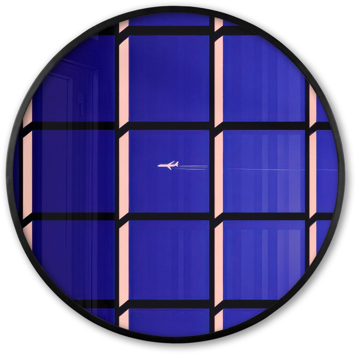 FrameYourWall Poster in lijst Rond - Fotolijst 60x60 cm - Posters - Vliegtuig - Ruiten - Blauw - Rechthoekig - Ronde posterlijst zwart - Decoratie - Wanddecoratie woonkamer - Muurdecoratie slaapkamer