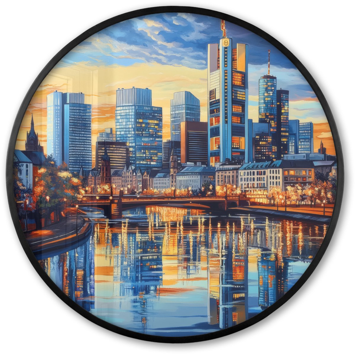 FrameYourWall Poster in lijst Rond - Fotolijst 60x60 cm - Posters - Zonsondergang Frankfurt - Stad - Skyline - Water - Ronde posterlijst zwart - Decoratie - Wanddecoratie woonkamer - Muurdecoratie slaapkamer Zonsondergang - Stad