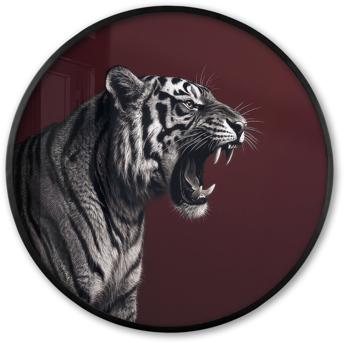 FrameYourWall Poster in lijst Rond - Fotolijst 80x80 cm - Posters - Tijger - Brult - Bordeaux - Ronde posterlijst zwart - Decoratie - Wanddecoratie woonkamer - Muurdecoratie slaapkamer Tijger - Brullen